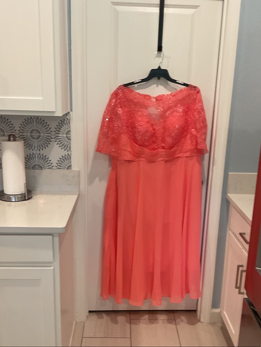 Coral Lace Overlay Chiffon Midi Dress